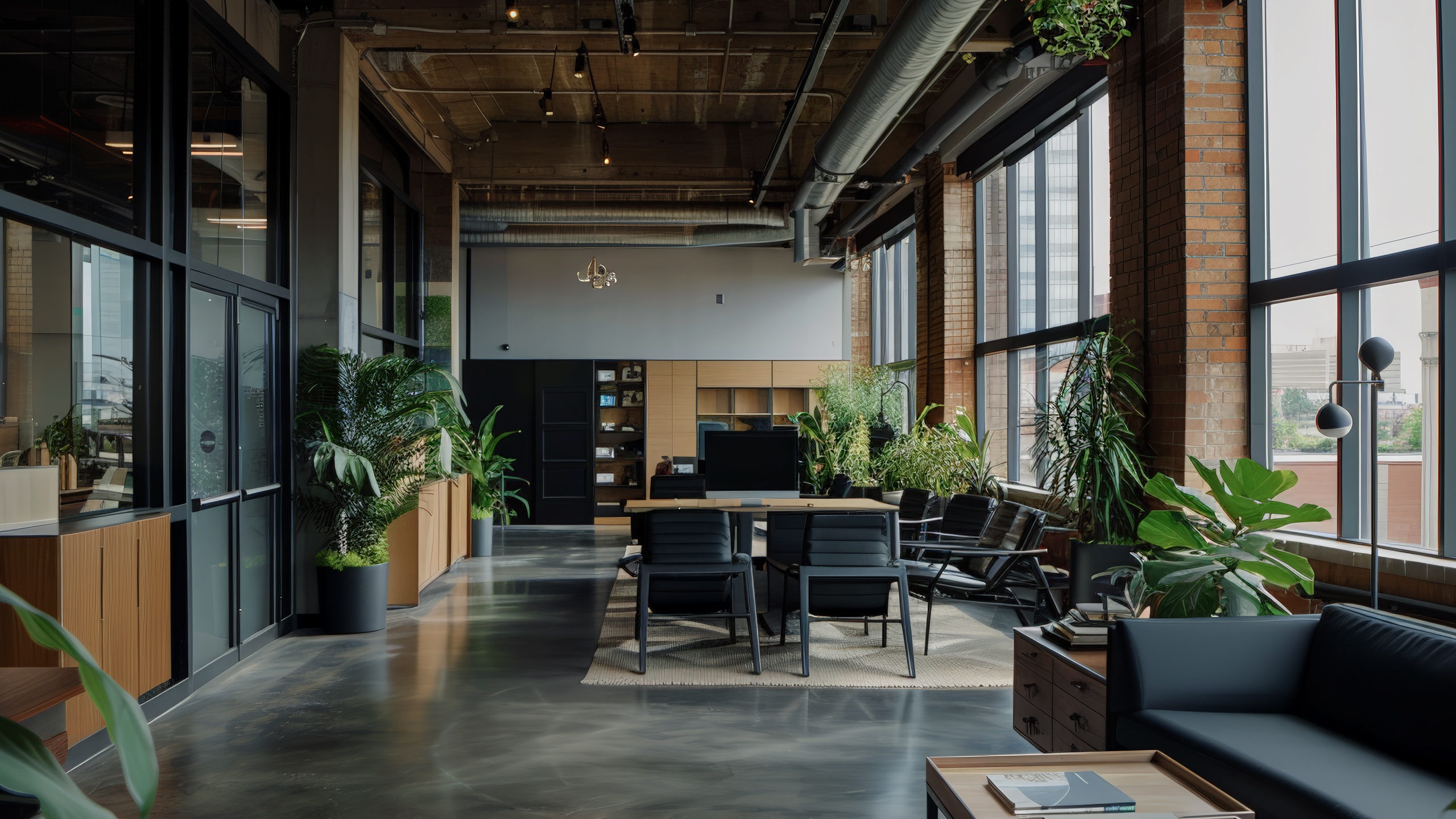Contemporary office setting with large windows, green plants, open work areas, and stylish minimalist furnishings, designed for comfort and productivity.